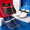 Three pairs of crocs in black, red, black, white, blue and white checkered fabric are on display Specification image